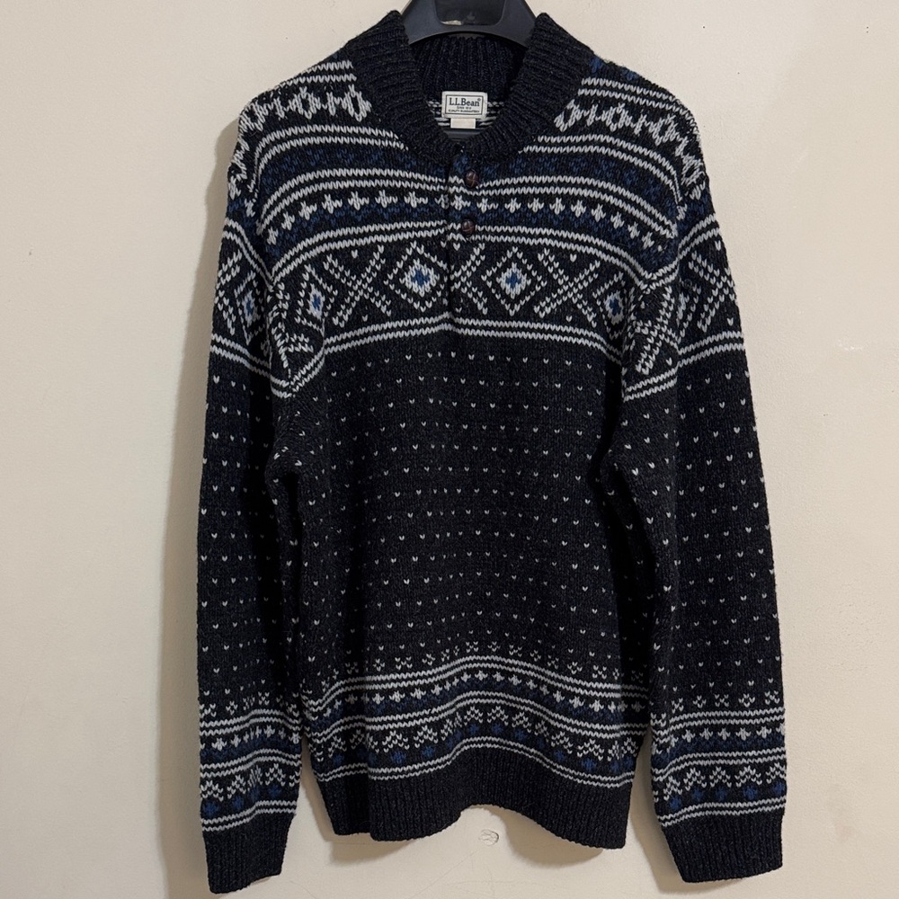 L.L. Bean Men's Gray Wool Nordic Fair Aisle Henley Sweater size XL Ski Cabincore